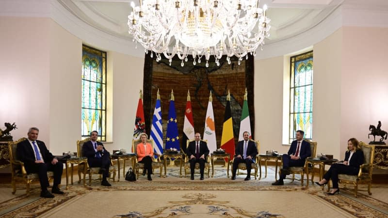 (L-R) Austria Chancellor Karl Nehammer, Greece Prime Minister Kyriakos Mitsotakis, European Commission President Ursula Von der Leyen, Egypt's President Abdel Fattah el-Sisi, Cyprus President Nikos Christodoulides, Belgium's Prime Minister Alexander De Croo and Italy Prime Minister Giorgia Meloni attend a meeting during the Egyptian-European Summit. Dirk Waem/Belga/dpa