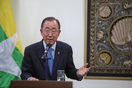 Ban Ki-moon, Secretary General of the United Nations, talks to reporters during the joint press conference with Myanmar's Foreign Minister Aung San Suu Kyi (not pictured) at Myanmar's Ministry of Foreign Affairs in Naypyitaw, Myanmar August 30, 2016. REUTERS/Stringer