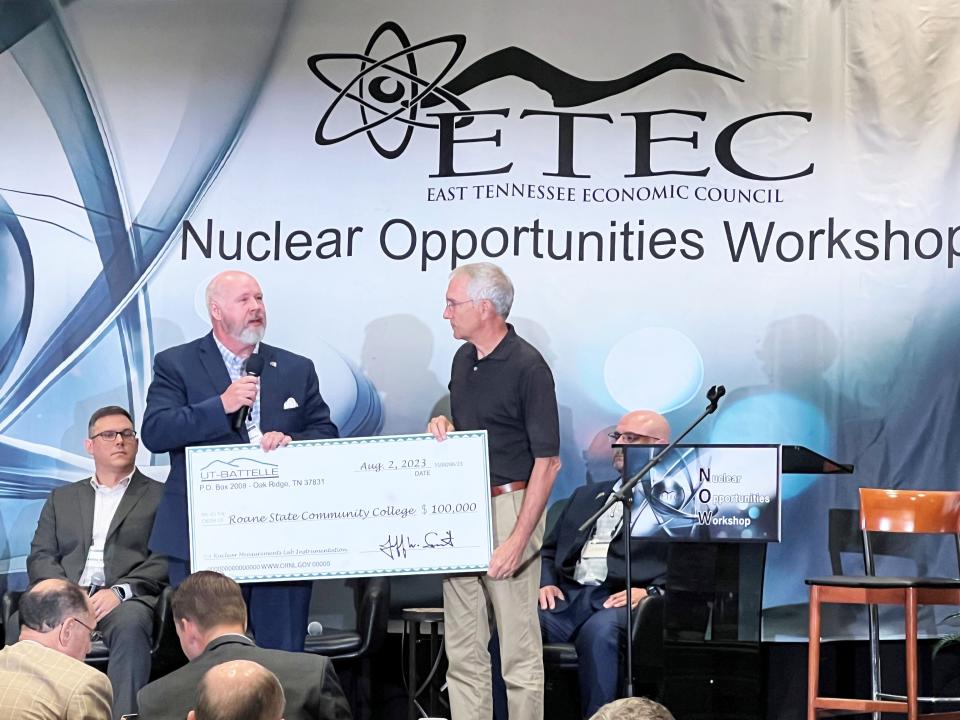 The East Tennessee Economic Council-sponsored Nuclear Opportunities Workshop was the site for the announcement of the launch of a nuclear technology program at Roane State Community. From left are RSCC President Chris Whaley, standing, Jeff Smith, interim ORNL director.