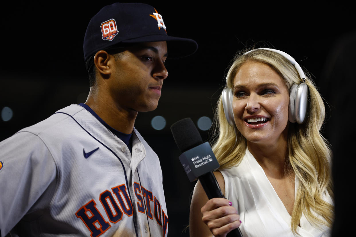 Reporter Heidi Watney of Apple TV+ interviews Jeremy Pena of the Houston Astros at Angel Stadium of Anaheim on April 8, 2022 in California. (Photo by Ronald Martinez/Getty Images)