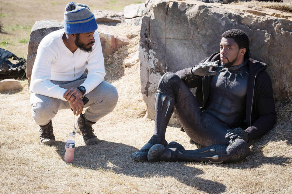 Director Ryan Coogler, left, and Chadwick Boseman on the set of 