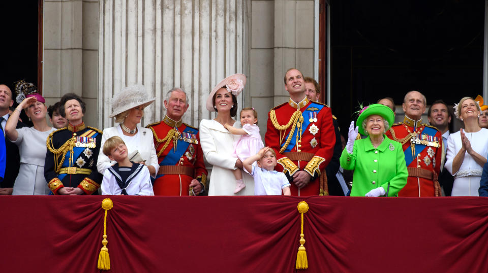 Zara Tindall, Anne, Princess Royal, Camilla, Duchess of Cornwall, Charles, Prince of Wales, Catherine, Duchess of Cambridge, Princess Charlotte of Cambridge, Prince George of Cambridge, Prince William, Duke of Cambridge, Prince Harry, Queen Elizabeth II Prince Philip, Duke of Edinburgh and Sophie, Countess of Wessex watch a fly past during the Trooping the Colour, this year marking the Queen's 90th birthday at The Mall on June 11, 2016 in London, England. 