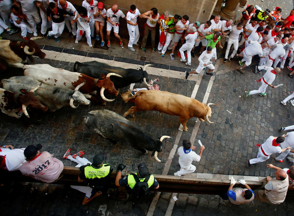 <p>A runner falls under Cebada Gago bulls during the first running of the bulls at the San Fermin festival in Pamplona, northern Spain, July 7, 2017. (Joseba Etxaburu/Reuters) </p>