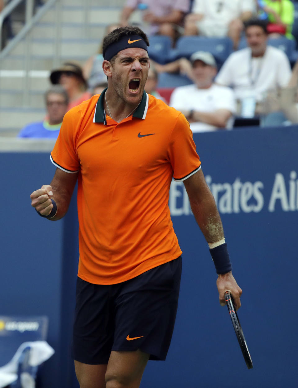 Juan Martin del Potro, of Argentina, reacts after defeating Denis Kudla during the second round of the U.S. Open tennis tournament, Wednesday, Aug. 29, 2018, in New York. (AP Photo/Frank Franklin II)