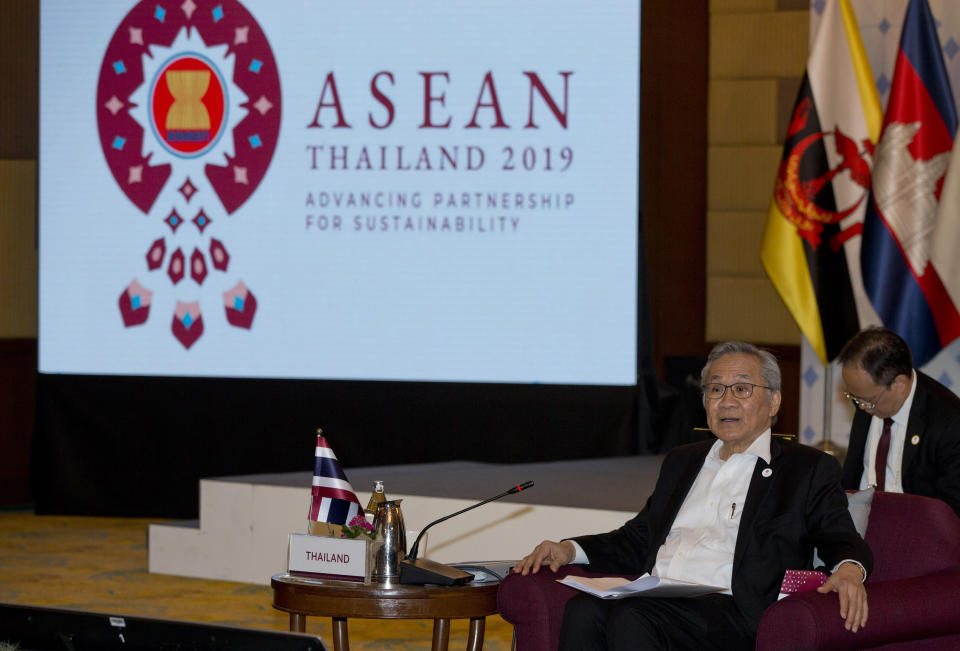 Thailand Foreign Minister Don Pramudwinai speaks during the ASEAN Foreign Ministers' retreat in Chiang Mai, Thailand, Friday, Jan. 18, 2019. (AP Photo/Gemunu Amarasinghe)