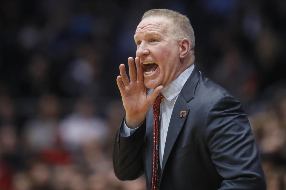 St. John's coach Chris Mullin shouts during the first half of the team's First Four game against Arizona State in the NCAA men's college basketball tournament Wednesday, March 20, 2019, in Dayton, Ohio. (AP Photo/John Minchillo)