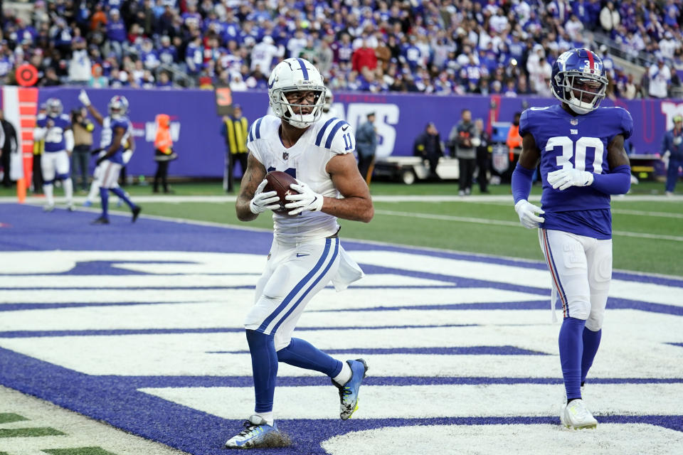 New York Giants cornerback Darnay Holmes (30) reacts after Indianapolis Colts' Michael Pittman Jr. (11) scored a touchdown during the second half of an NFL football game, Sunday, Jan. 1, 2023, in East Rutherford, N.J. (AP Photo/Seth Wenig)