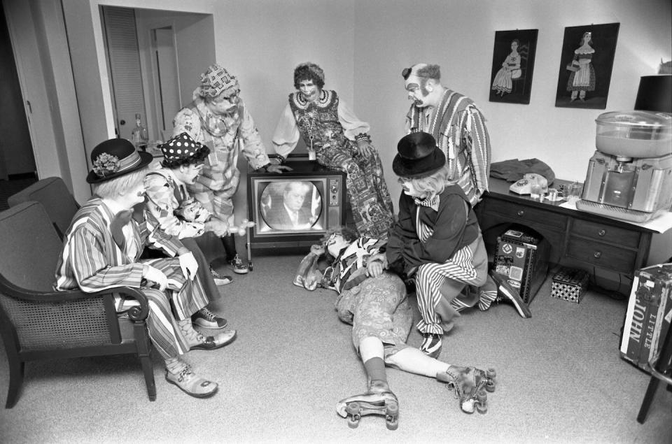 The Senate’s Watergate hearings, which began May 17, 1973, were watched by an estimated 3 out of 4 of the nation’s homes. Clowns on a break from Shrine Circus in Pittsburgh watched during their time off. <a href="https://www.gettyimages.com/detail/news-photo/between-the-acts-clowns-from-the-shrine-circus-take-time-to-news-photo/1169767644?phrase=watergate%20hearing&adppopup=true" rel="nofollow noopener" target="_blank" data-ylk="slk:Bettmann Archive/Getty Images;elm:context_link;itc:0;sec:content-canvas" class="link ">Bettmann Archive/Getty Images</a>