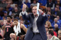 Georgia head coach Tom Crean calls to his team during the first half of an NCAA college basketball game against Memphis, Saturday, Jan. 4, 2020, in Memphis, Tenn. (AP Photo/Karen Pulfer Focht)