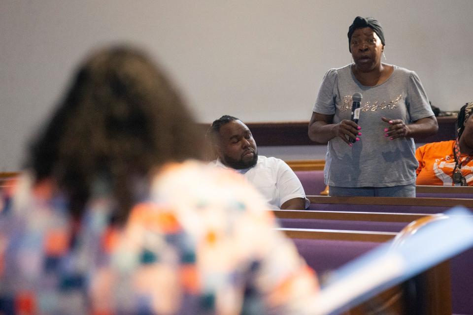 Sarah Carpenter makes a comment to State Senator Raumesh Akbari during a town hall on public safety hosted by Akbari at Riverside Missionary Baptist Church in Memphis, Tenn., on Tuesday, August 1, 2023.