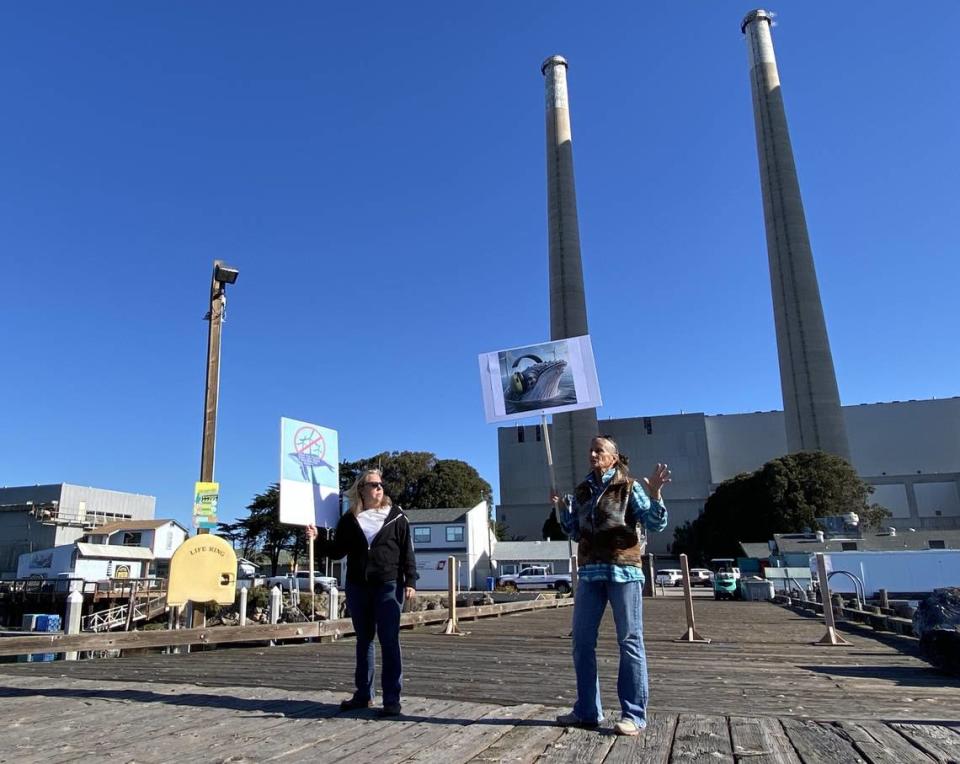 REACT Alliance President and founder Mandy Davis, right, and Sheri Hafer, left, speak at a Feb. 28 protest in Morro Bay against offshore wind energy development on California’s Central Coast.