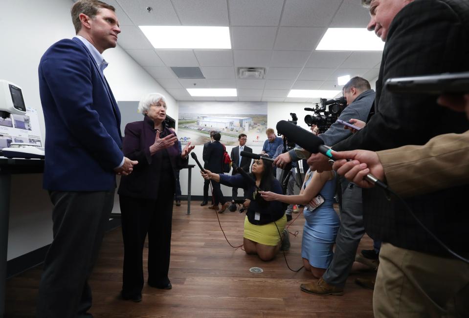 Treasury Secretary Janet Yellen, second from left, spoke to the media alongside Gov. Andy Beshear following Wednesday's tour of ANP.