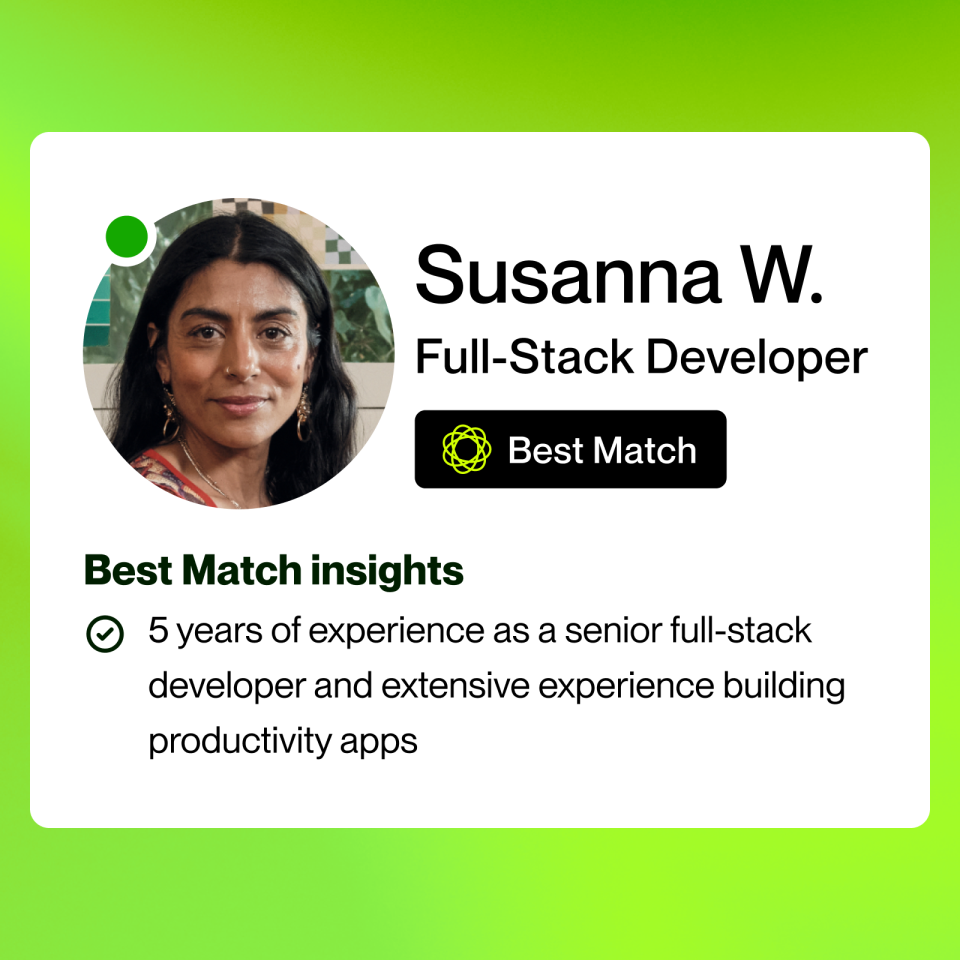 Best Match insights help businesses quickly find the best potential person for their job by identifying relevant insights like top proposals, client reviews, and skill alignment with the job post.