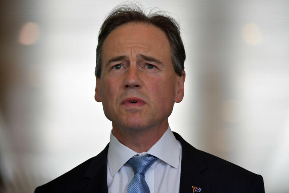 Minister for Health Greg Hunt addresses media during a doorstop in the Mural Hall at Parliament House in Canberra, Australia. 