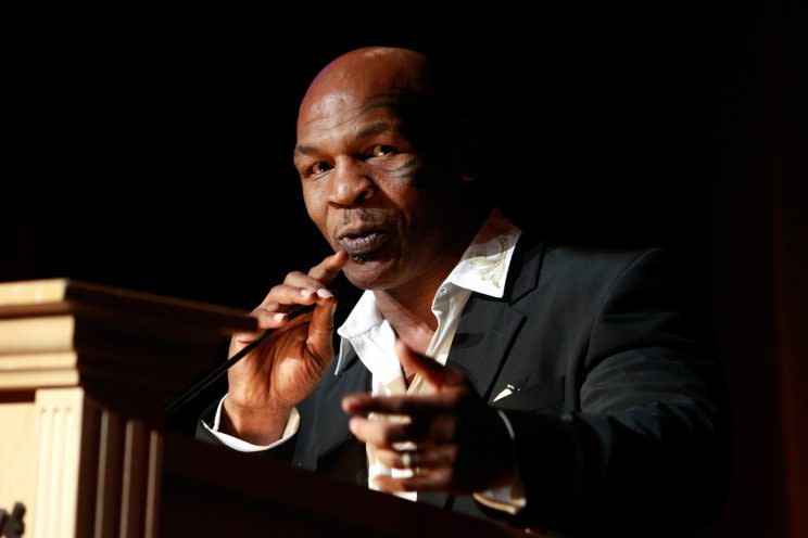 LAS VEGAS, NV - AUGUST 08: Former heavyweight boxer Mike Tyson speaks during the third annual Nevada Boxing Hall of Fame induction gala at Caesars Palace on August 8, 2015 in Las Vegas, Nevada. (Photo by Steve Marcus/Getty Images)