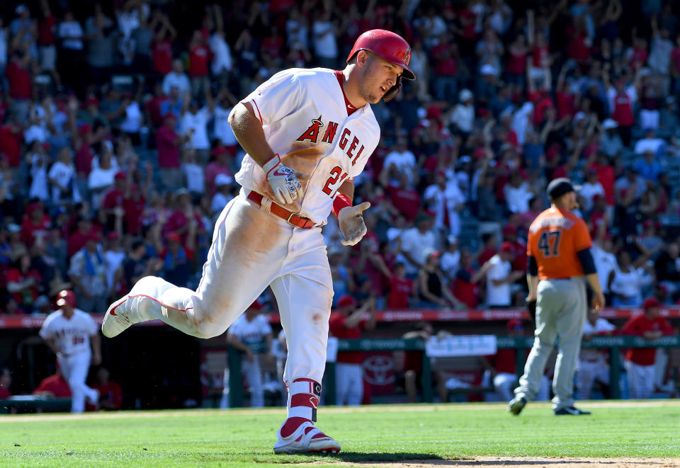 Los Angeles Angels star Mike Trout changed his Players’ Weekend nickname to honor his brother-in-law Aaron Cox, who died last week, on Friday night against the Houston Astros. (Getty Images)