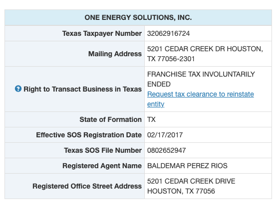 REGISTRO DE LA EMPRESA ONE ENERGY SOLUTIONS INC. ANTE LA OFICINA DEL CONTRALOR DE CUENTAS PÚBLICAS DE TEXAS.