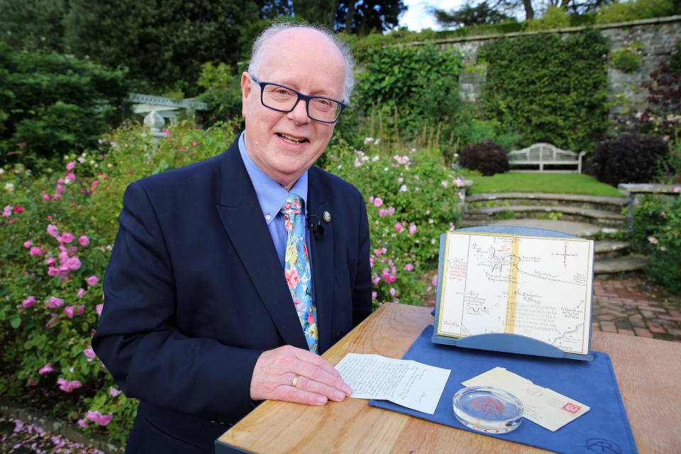 Programme Name: Antiques Roadshow - S43 - TX: 25/04/2021 - Episode: Antiques Roadshow - S43 - Bodnant Garden 2 (No. n/a) - Picture Shows: CLIVE FARAHAR WITH A LETTER FROM JRR TOLKIEN, BODNANT GARDEN  - (C) BBC - Photographer: Pamela Parkes