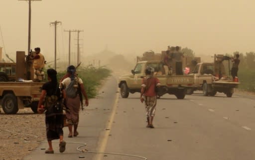 Yemeni pro-government forces in position to the south of Hodeida airport, on June 15, 2018