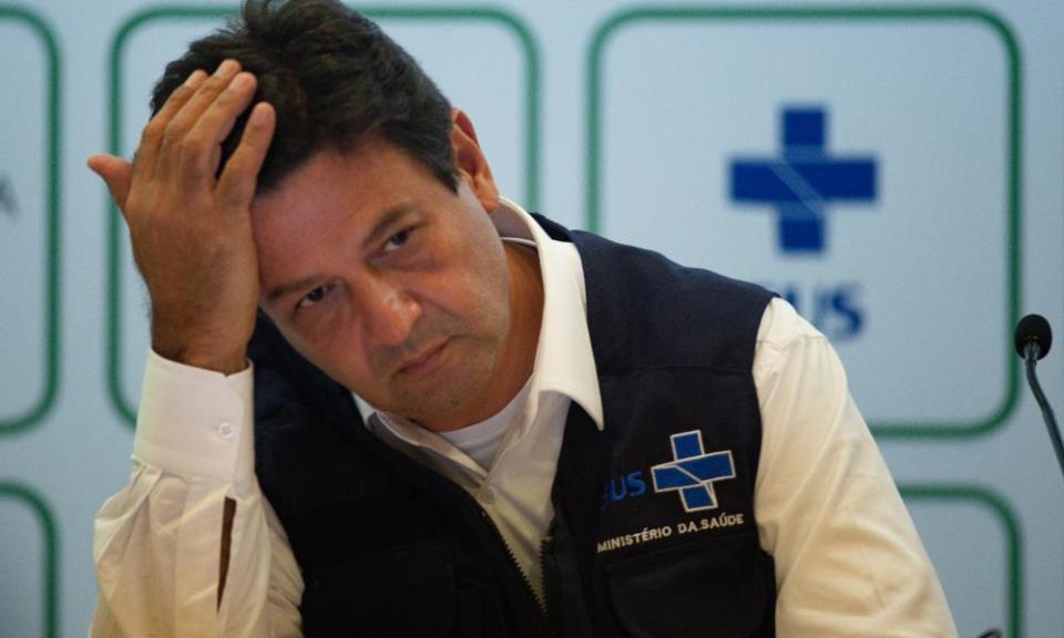 Luiz Henrique Mandetta, the health minister, reacts during a press conference about coronavirus in Brasília.