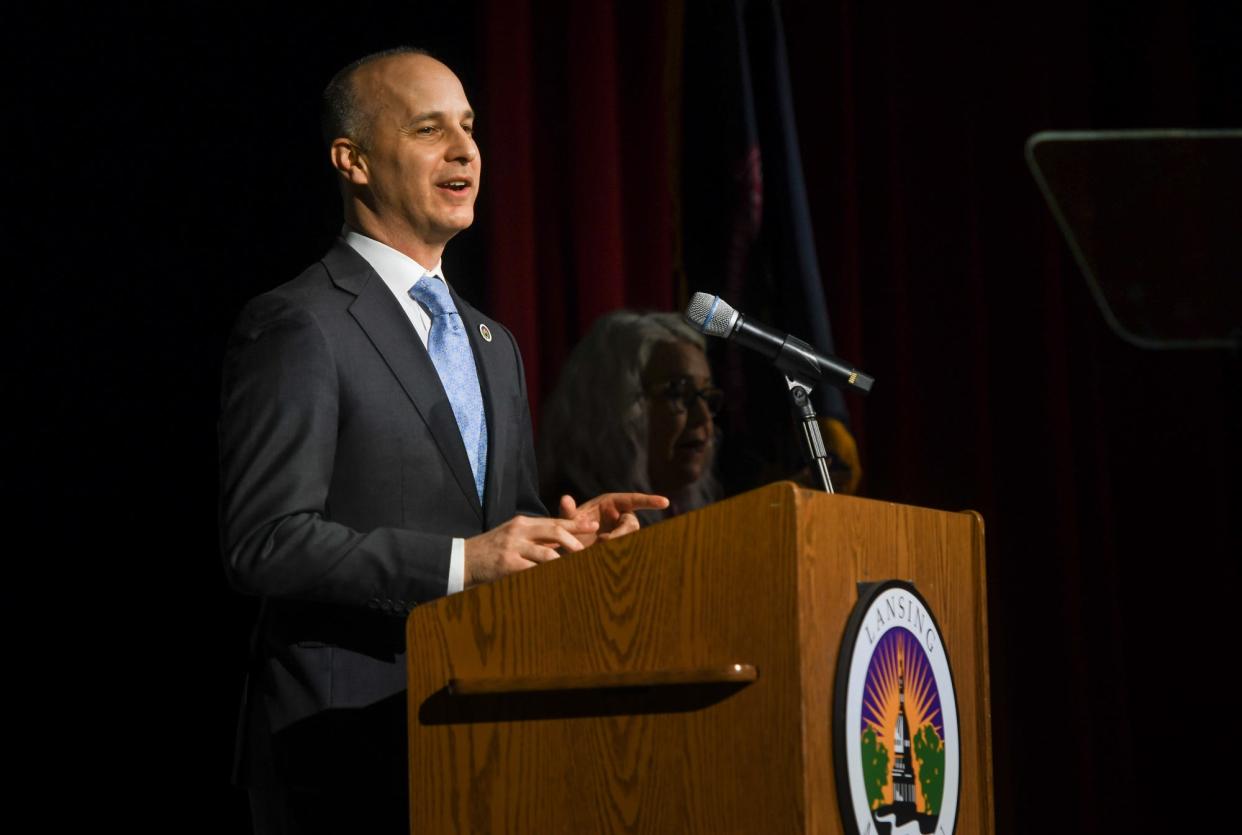 Lansing Mayor Andy Schor speaks Tuesday, March 14, 2023, during his sixth annual State of the City address, in the Everett High School auditorium in Lansing.