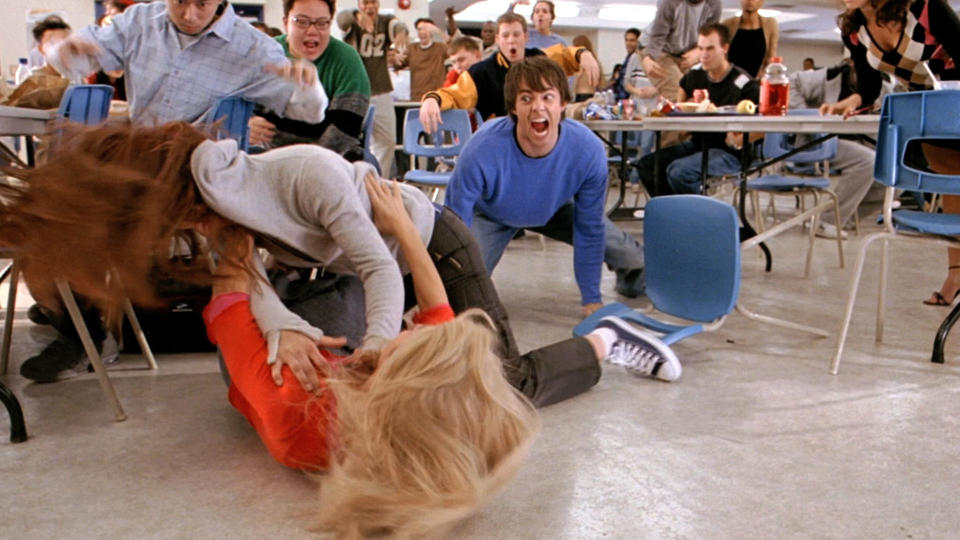 Scene from "Mean Girls" where Cady Heron (Lindsay Lohan) and Regina George (Rachel McAdams) engage in a cafeteria fight while students react