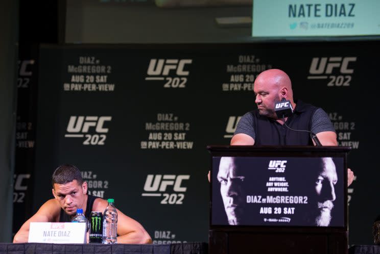 Nate Diaz (L) admits he declined an offer from UFC president Dana White (R) to fight Tony Ferguson for the interim lightweight belt. (Getty Images)