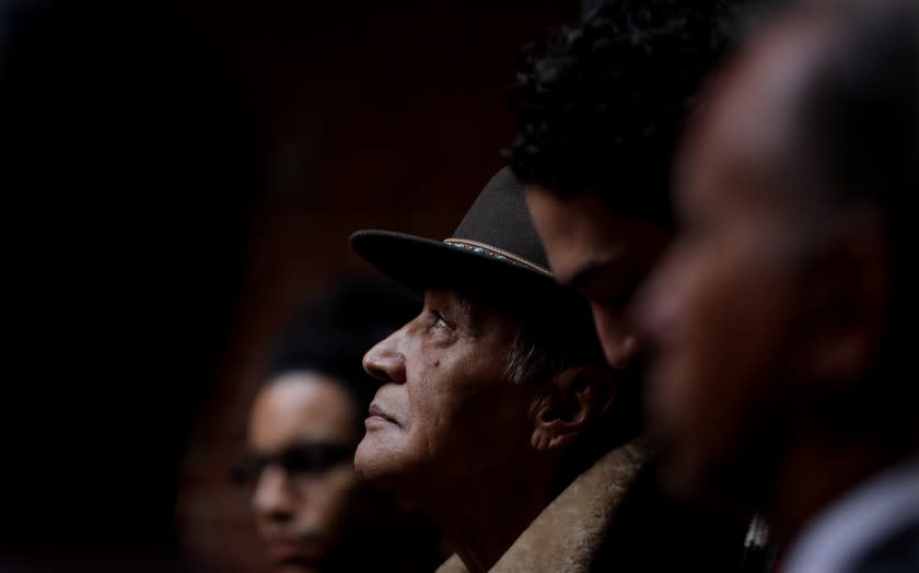 LOS ANGELES-CA-OCTOBER 11, 2021: Pat Vegas, a musician and producer of the band Redbone who is from the Yoeme Tribe, attends a celebration of Indigenous People's Day, where local tribal communities along with Councilmembers Mitch O'Farrell and Kevin de Leon joined Mayor Eric Garcetti to announce the beginning of a process to rename La Plaza Park informally known as Father Serra Park in downtown Los Angeles on Monday, October 11, 2021. An Indigenous Cultural Easement will also be created to give local indigenous communities priority access to the park for practice of traditional ceremonies. (Christina House / Los Angeles Times)