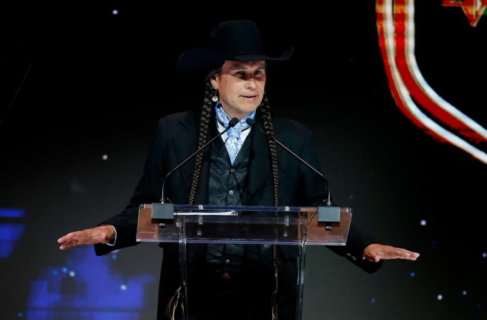 Mo Brings Plenty speaks during the Western Heritage Awards at the National Cowboy & Western Heritage Museum in Oklahoma City, Saturday, April, 9, 2022.  