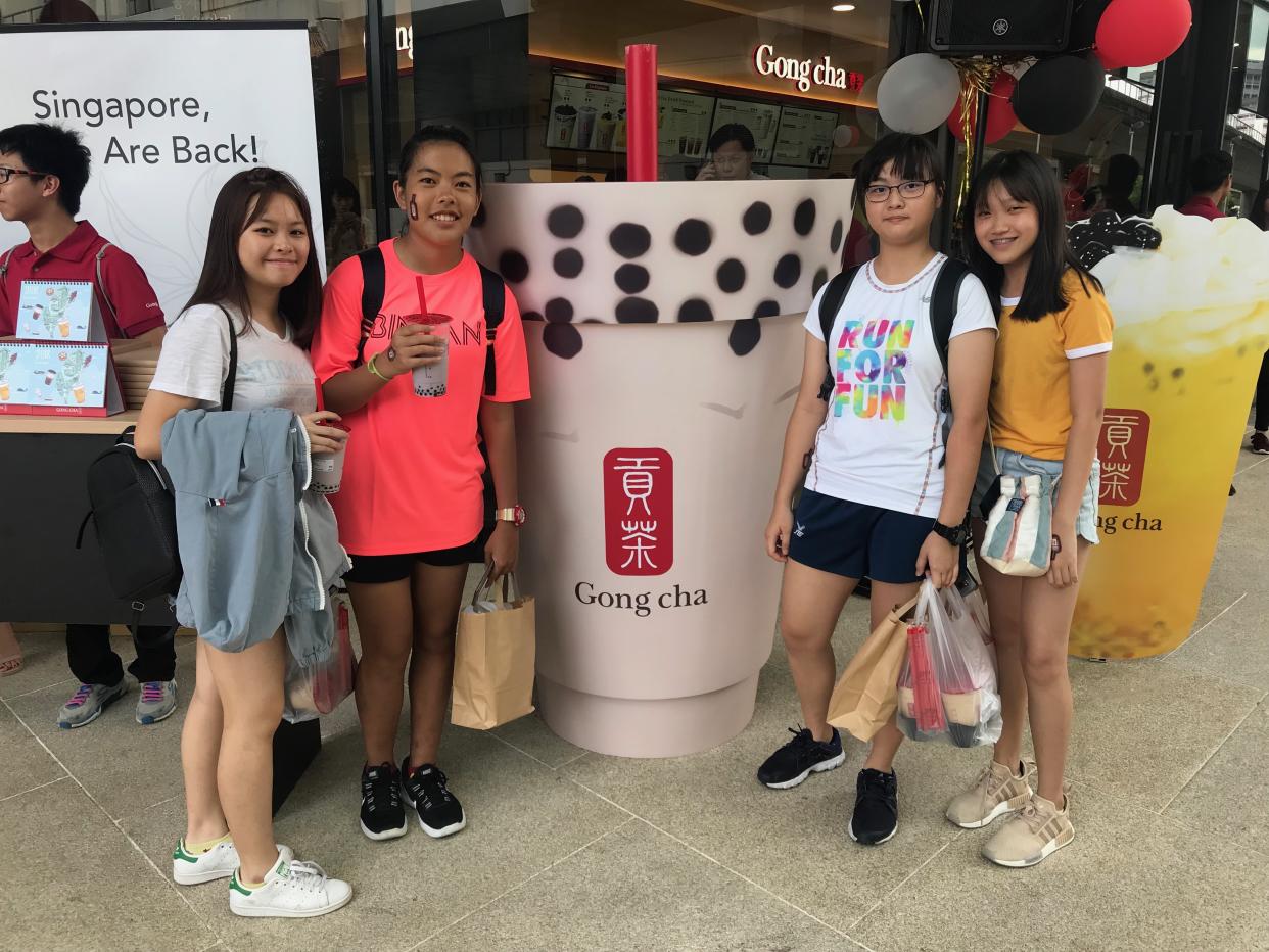 Secondary school students Francesca, Ching Don, Caitlin and Gwendolyn outside Gong Cha’s flagship store. (Photo: Yahoo Lifestyle Singapore)