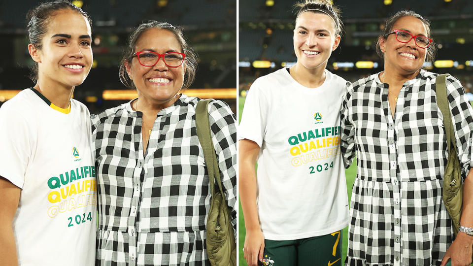 Cathy Freeman with Matildas players Mary Fowler and Steph Catley.