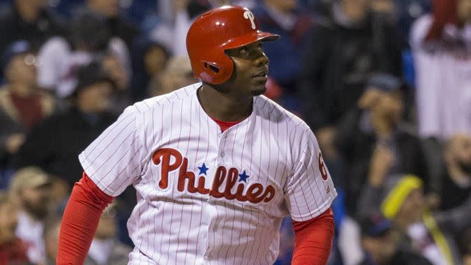 Mandatory Credit: Photo by Christopher Szagola/Csm/Shutterstock (6069865h)Philadelphia Phillies first baseman Ryan Howard (6) hits a double during the MLB game between the New York Mets and Philadelphia Phillies at Citizens Bank Park in Philadelphia, PennsylvaniaNew York Mets v Philadelphia Phillies, MLB baseball game, Philadelphia, USA - 30 Sep 2016.