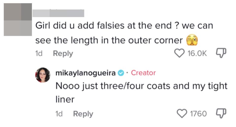 Mikayla responded to an accusation by saying she only applied "just three/four coats"