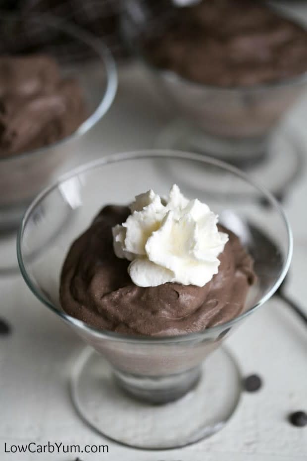 <p><a href="https://lowcarbyum.com/low-carb-chocolate-mousse-recipe/" rel="nofollow noopener" target="_blank" data-ylk="slk:Low Carb Yum;elm:context_link;itc:0;sec:content-canvas" class="link ">Low Carb Yum</a></p><p>You'll want to keep a supply of heavy cream, gelatin and cocoa in stock as this easy low-carb sugar-free chocolate mousse is much better than any boxed mix.</p><p><strong>Get the recipe: <a href="https://lowcarbyum.com/low-carb-chocolate-mousse-recipe/" rel="nofollow noopener" target="_blank" data-ylk="slk:Keto Chocolate Mousse;elm:context_link;itc:0;sec:content-canvas" class="link ">Keto Chocolate Mousse</a></strong></p>