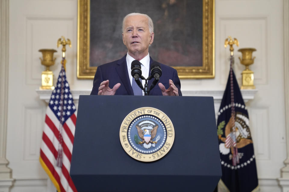 President Joe Biden delivers remarks on the verdict in former President Donald Trump's hush money trial and on the Middle East, from the State Dining Room of the White House, Friday, May 31, 2024, in Washington. (AP Photo/Evan Vucci)