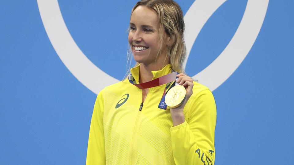 Emma McKeon, pictured here celebrating with her gold medal after the 100m freestyle final.