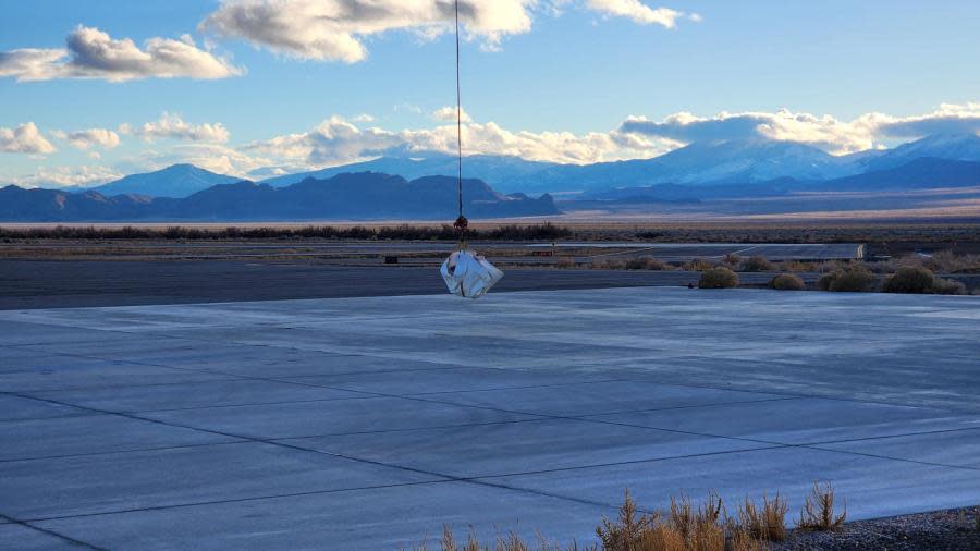 A helicopter was used to retrieve the Varda Space Industries W-1 capsule. It’s now headed to the private company’s facilities in Los Angeles. (credit: KTVX)