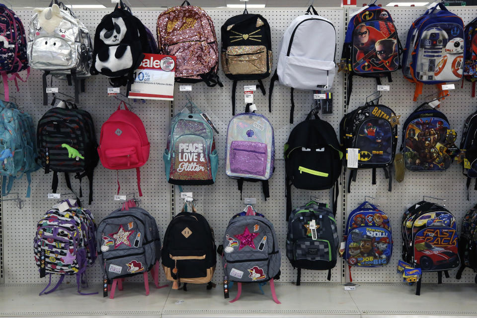 FILE - This July 18, 2018, photo shows a display of back to school backpacks in a Target store in Pittsburgh. For backpacks, Mary Hunt, founder of the website Cheapskate Monthly, recommends Jansport or Eastpak for durability. If you are shopping resale, those are labels to look for because they’ll last longer. (AP Photo/Gene J. Puskar, File)