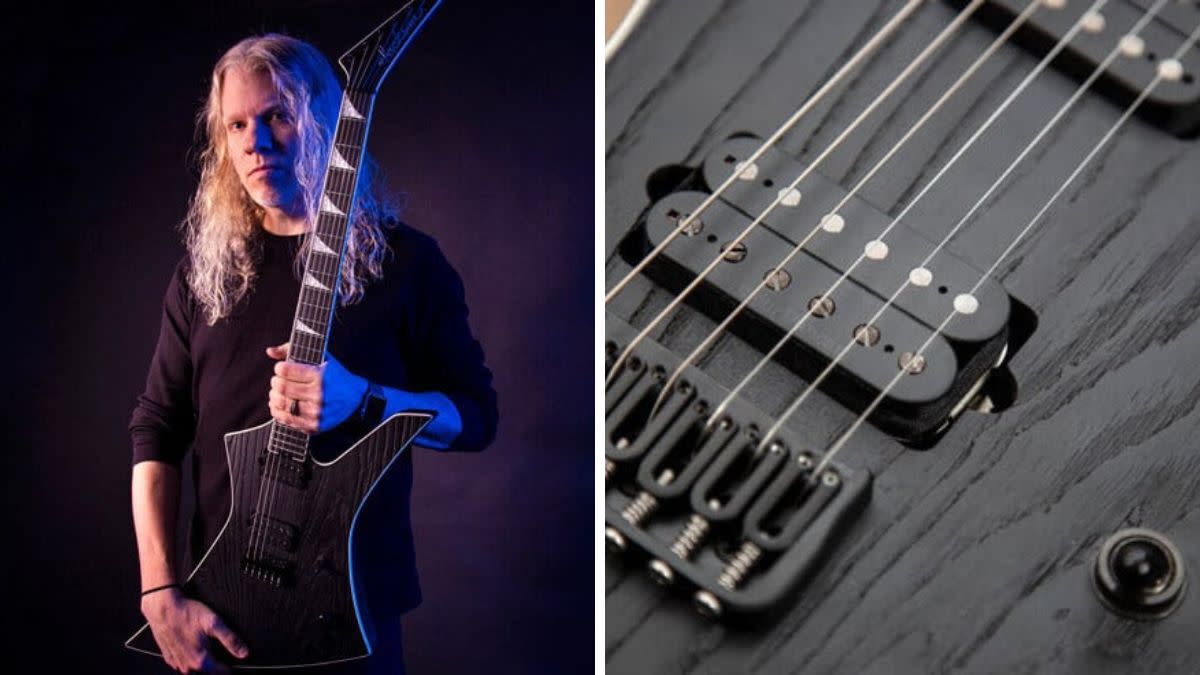  Jeff Loomis holding up his Jackson guitar with Seymour Duncan pickups on the left, with a detail of the guitar on the right. 