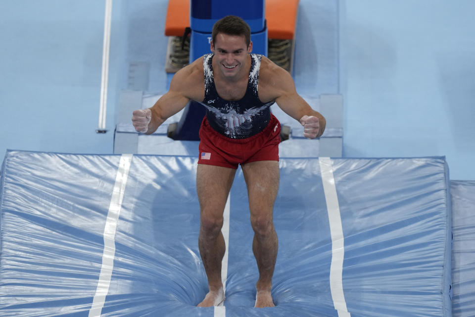 Samuel Mikulak, of the United States, performs on the vault during the artistic gymnastic men's all-around final at the 2020 Summer Olympics, Wednesday, July 28, 2021, in Tokyo. (AP Photo/Gregory Bull)