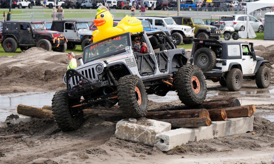 Jeeps take on the obstacle course at Daytona International Speedway during Jeep Beach 2023. The event returns April 19-28 in Daytona Beach.