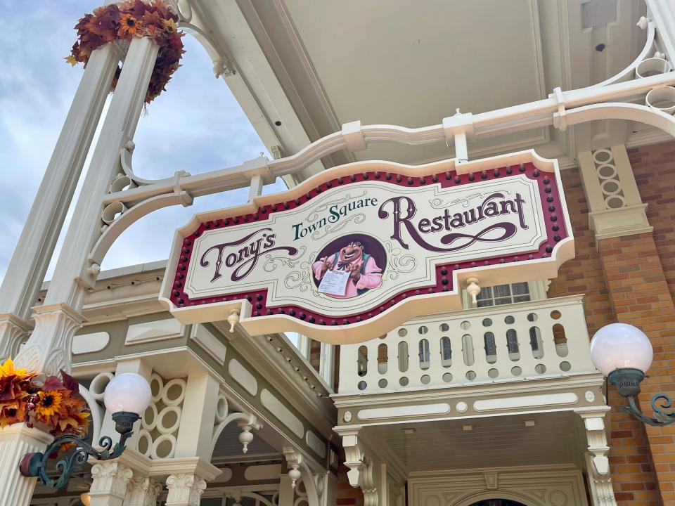 exterior sign at tony's town square restaurant in magic kingdom at disney world