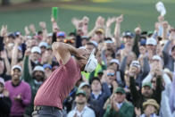 Jon Rahm, of Spain, celebrates on the 18th green after wining the Masters golf tournament at Augusta National Golf Club on Sunday, April 9, 2023, in Augusta, Ga. (AP Photo/Jae C. Hong)