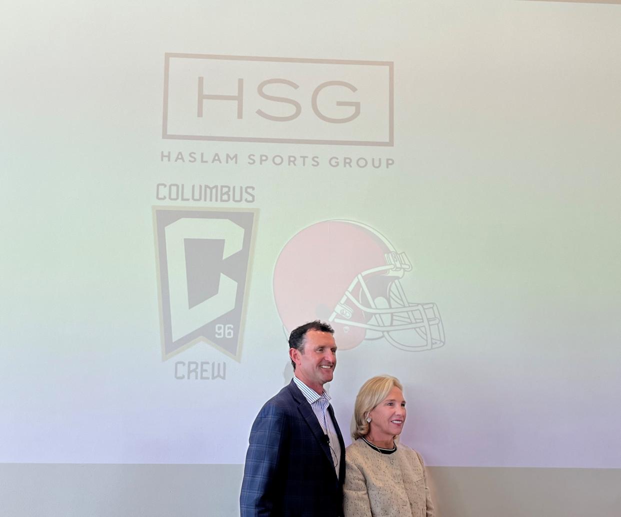 JW Johnson III, executive vice president of the Browns and a partner of the Haslam Sports Group, and Dee Haslam, CEO of Haslam Sports Group, pose after speaking at the Columbus Museum of Art for the Ohio Chamber's annual State of Business Summit on Tuesday.