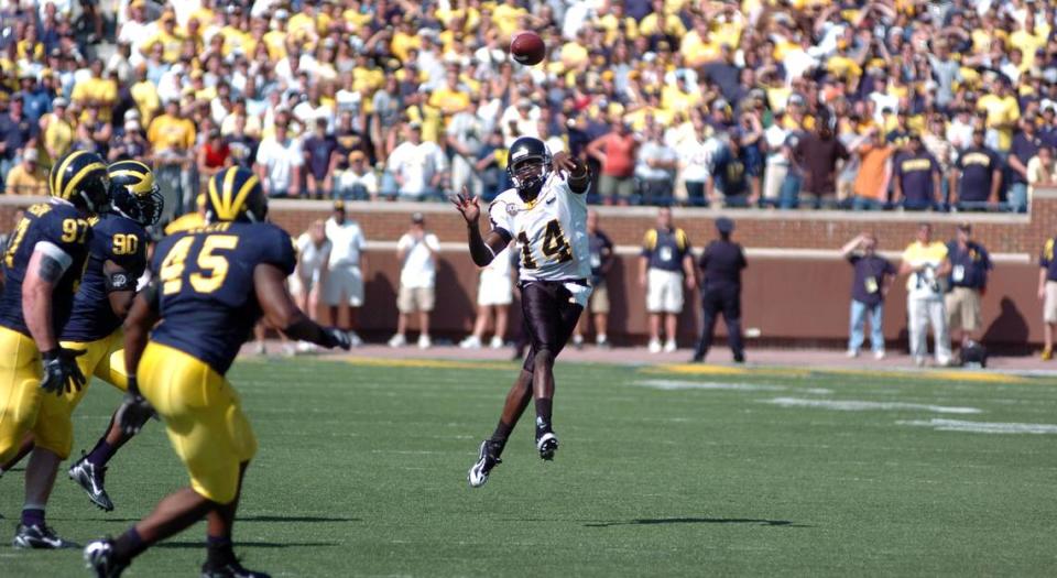 Quarterback Armanti Edwards throws a pass in Appalachian State’s 34-32 upset over then-No. 5 Michigan in 2007. Edwards threw for three touchdowns and ran for a fourth in the win.