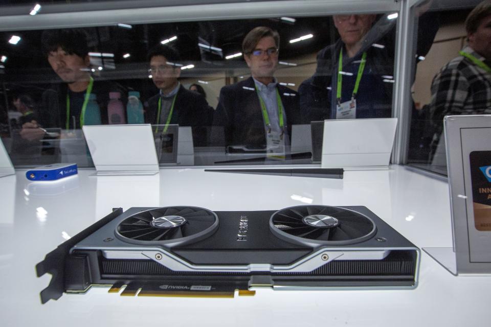 The NVIDIA GeForce RTX 20-Series GPUs is among the CES 2019 Innovation awards winners displayed during the CES Unveiled Las Vegas event in advance of the 2019 Consumer Electronics Show in Las Vegas, Nevada, on January 6, 2018. - The massive consumer-electronics show opens to attendees on January 8. (Photo by DAVID MCNEW / AFP)        (Photo credit should read DAVID MCNEW/AFP/Getty Images)