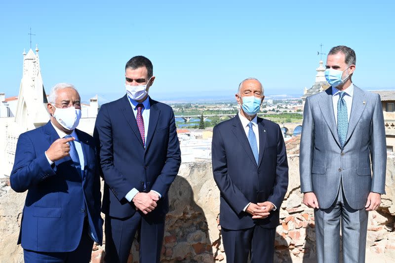 Portugal's Prime Minister Antonio Costa, Spain's Prime Minister Pedro Sanchez, Portugal's President Marcelo Rebelo de Sousa and Spain's King Felipe attend the reopen borders ceremony between Spain and Portugal in Badajoz