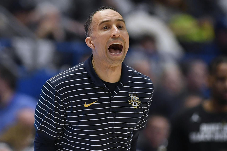 Marquette head coach Shaka Smart calls out to his team in the first half of an NCAA college basketball game against UConn, Tuesday, Feb. 7, 2023, in Hartford, Conn. (AP Photo/Jessica Hill)