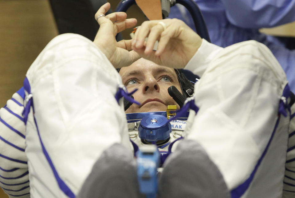 CSA astronaut David Saint Jacques, member of the main crew of the expedition to the International Space Station (ISS), during an inspection of his space suit prior to the launch of Soyuz MS-11 space ship at the Russian leased Baikonur cosmodrome, Kazakhstan, Monday, Dec. 3, 2018. (AP Photo/Dmitri Lovetsky)