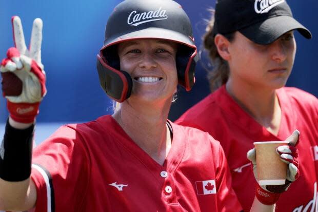 Canada outfielder Victoria Hayward celebrates a run during a game against Australia at the Tokyo Olympics. (Kazuhiro Fujihara/AFP via Getty Images - image credit)